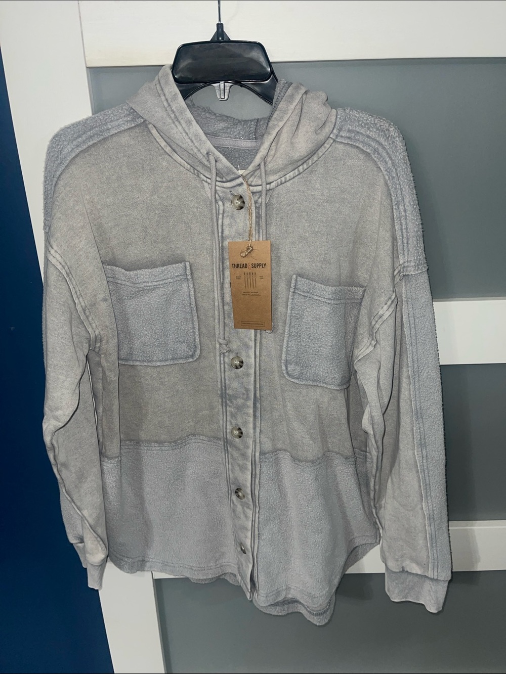 Thread & Supply Light Gray Hooded Button-Up Sweatshirt